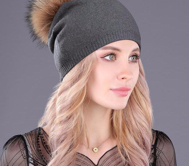 Fur Ball Thick Beanie Hats