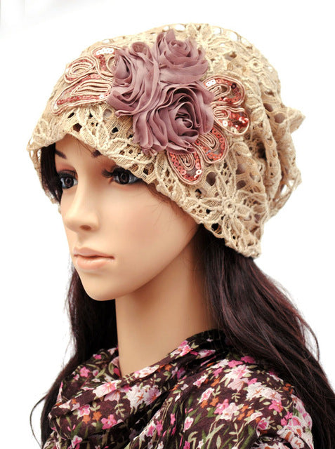 Floral Lace Sequined Beanie