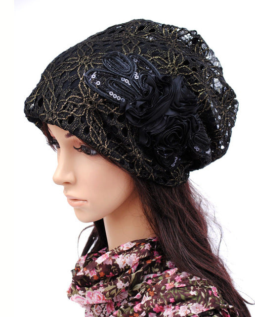 Floral Lace Sequined Beanie