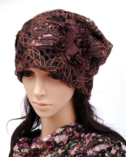 Floral Lace Sequined Beanie