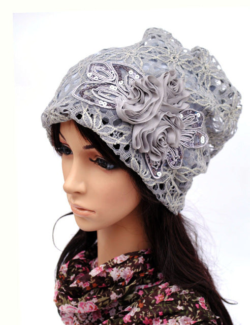 Floral Lace Sequined Beanie