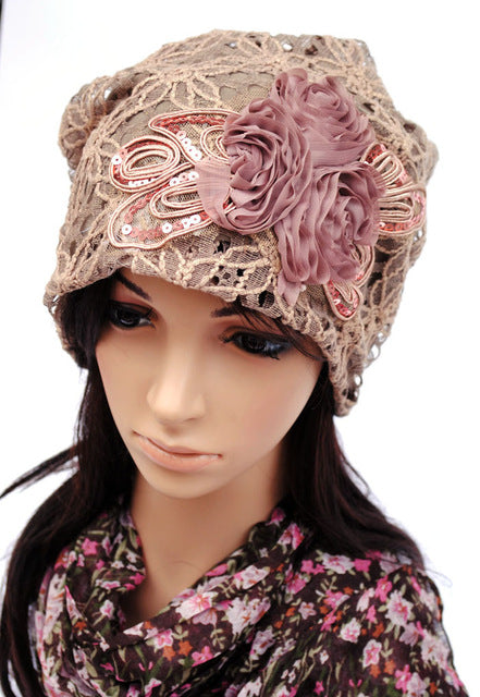 Floral Lace Sequined Beanie
